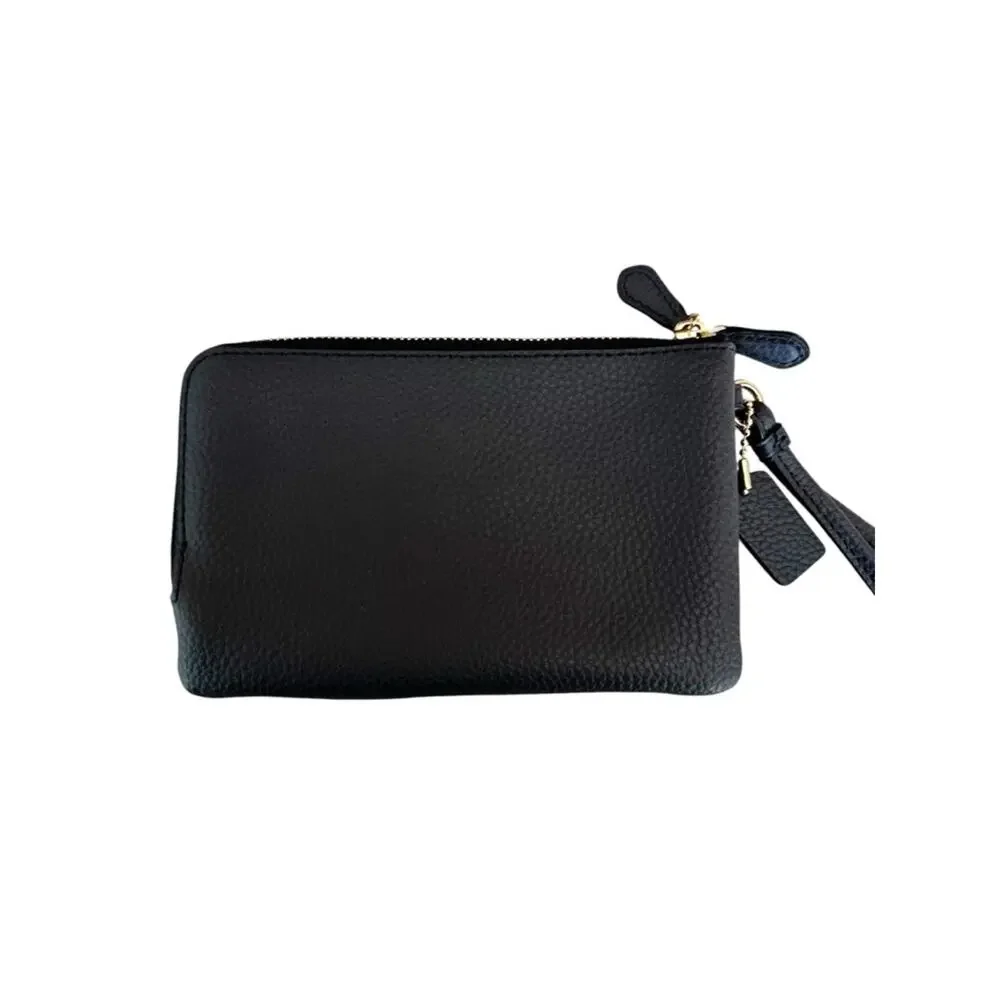 Coach Double Corner Zip Wristlet Pebbled Leather Midnight Navy NEW